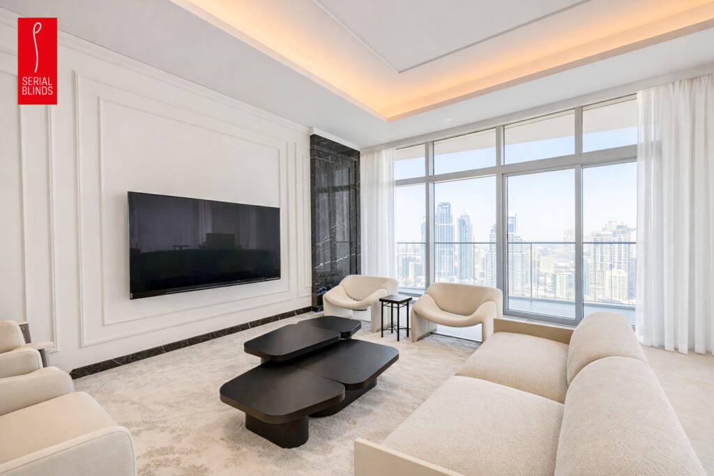 Custom bedroom curtains designed and installed by Serial Blinds for luxury homes in Dubai.