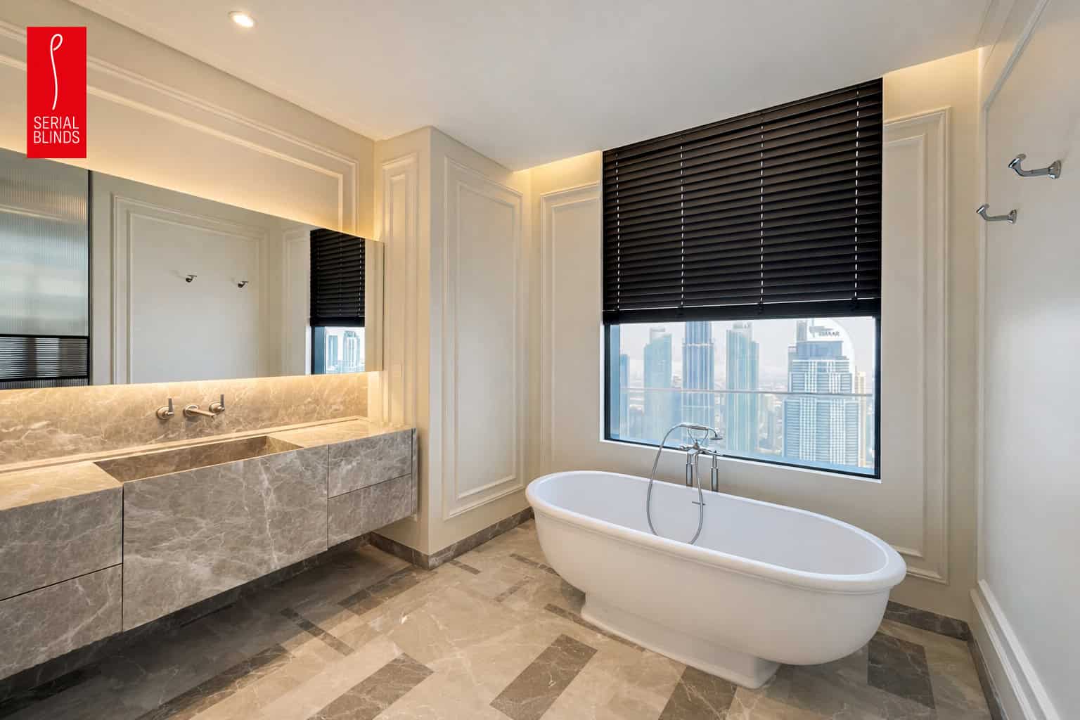 Floor-to-ceiling window treatment for large glass windows in Dubai
